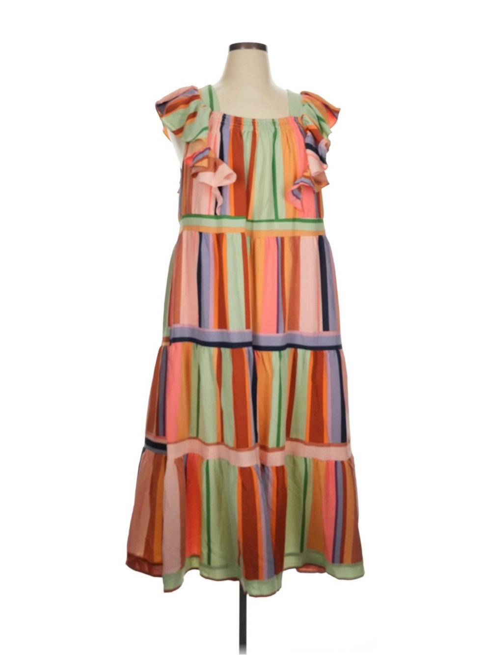 ENTRO Multicolor Striped Ruffle-Sleeve Maxi Dress like New size XL